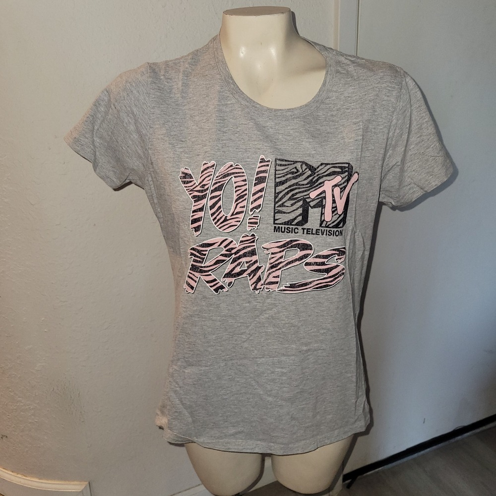 MTV Music Television Yo! Raps Graphic T Shirt Women's Grey Zebra Print retro 80s